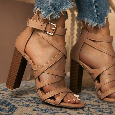 Criss Cross Chunky Block High Heels Ankle Strap Sandals