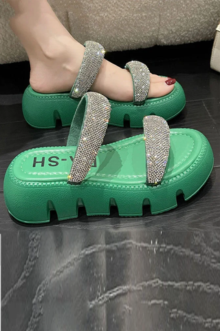 Elegant Splicing Platform Slide Sandals Peep Toe Green Zircon