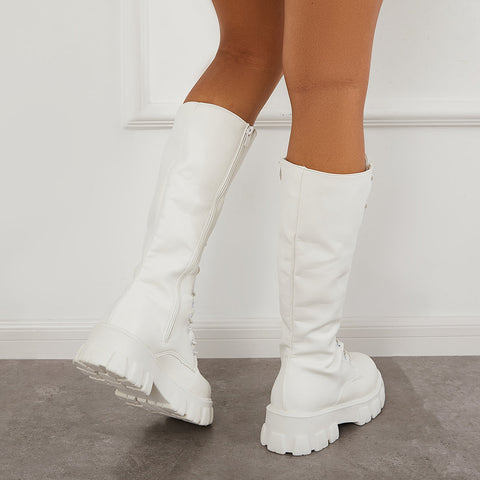 Lace Up Platform Heel Knee High Boots Lug Sole Combat Boots