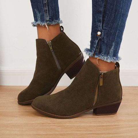 Chunky Block Heel Ankle Boots Side Zipper Booties