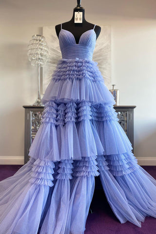 Tulle Tiered Spaghetti Straps Long Prom Dress with Slit
