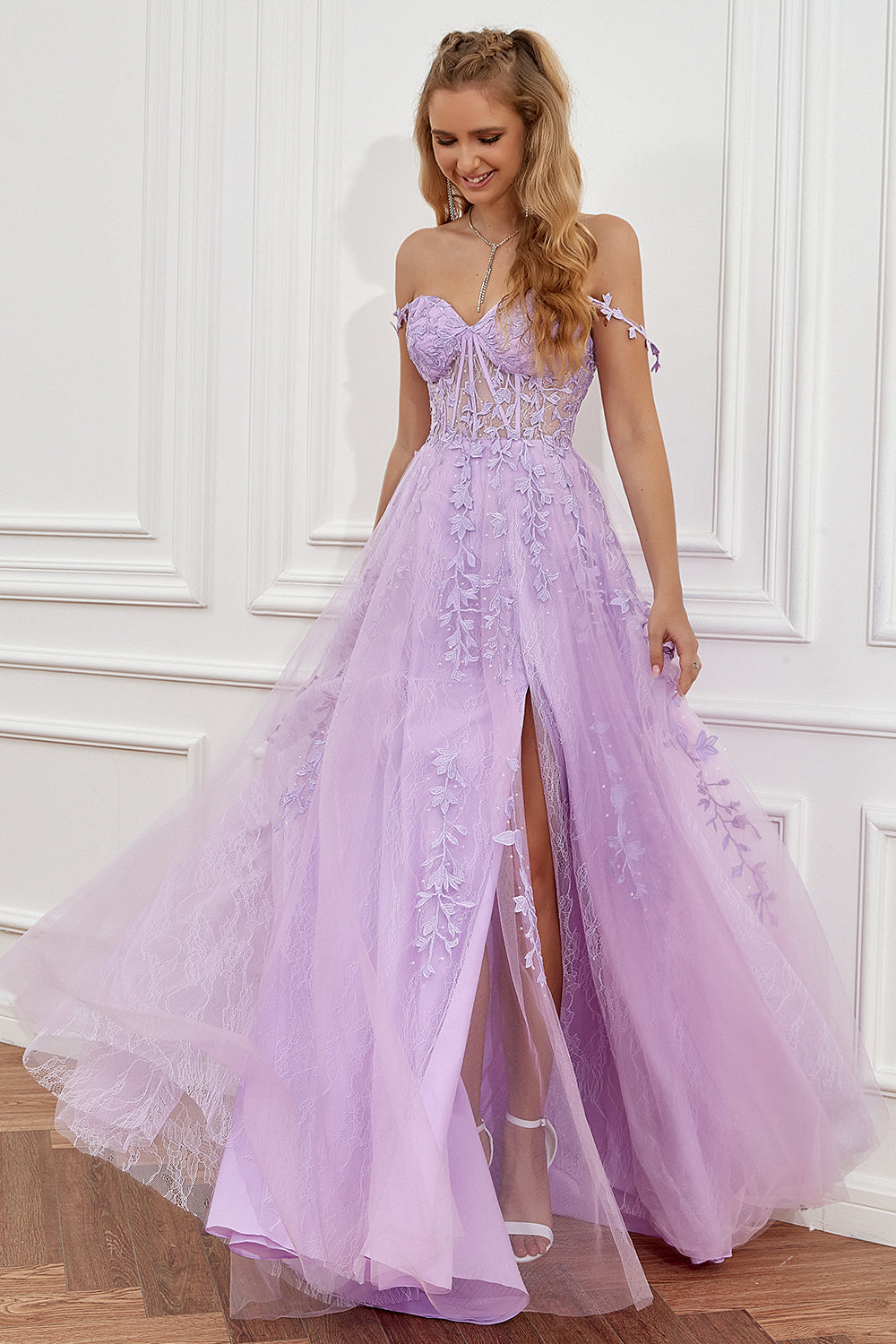 Hot Pink Off the Shoulder Prom Dress with Appliques