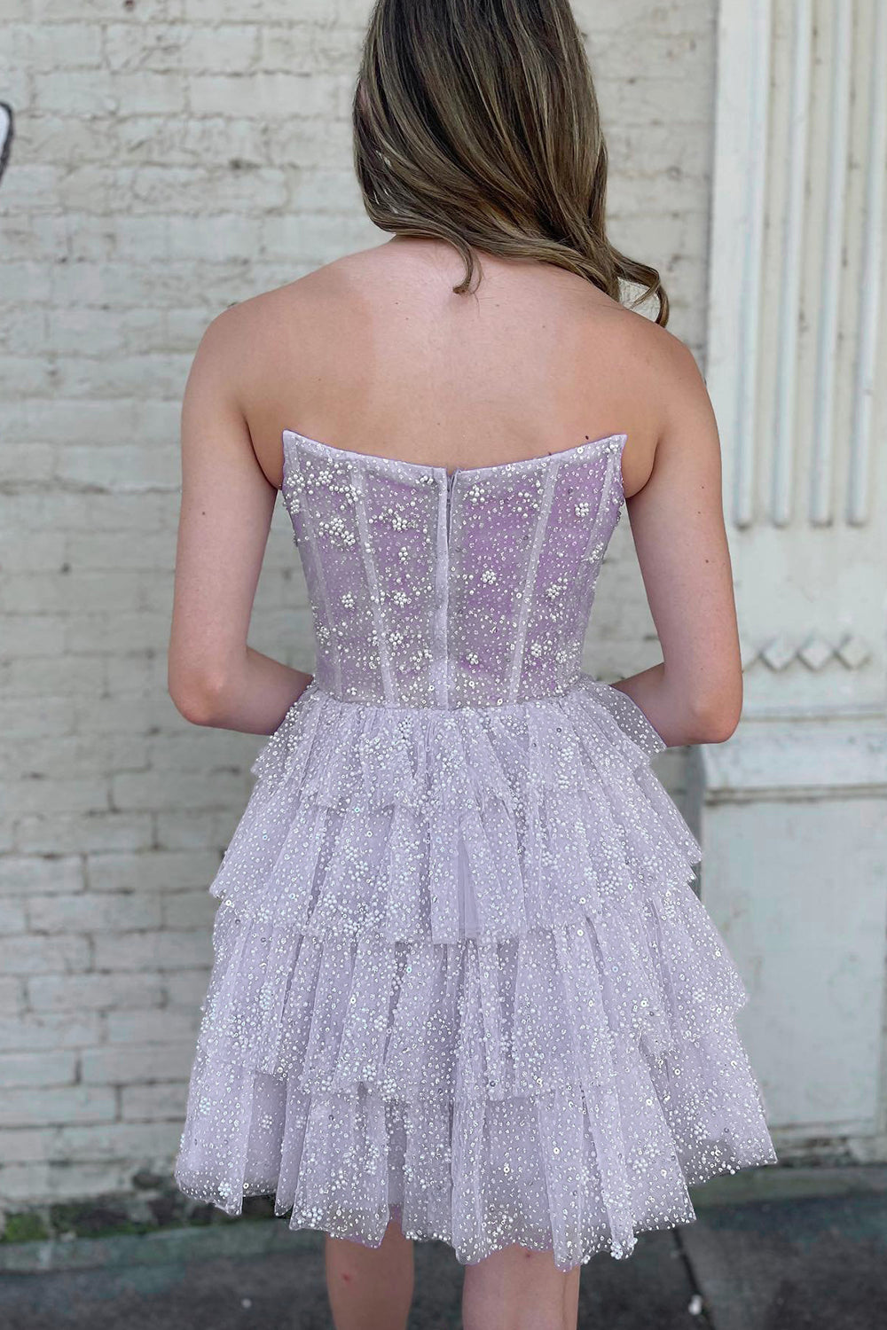 Cute A Line Strapless Lilac Corset Homecoming Dress with Ruffles