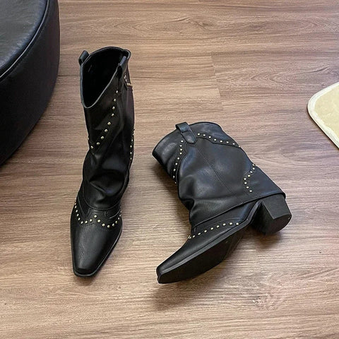 Woman Cowgirl Boots Fashion Slip On Ladies Elegant Square Heel Short Boots Shoes Retro Women's Winter Footwear