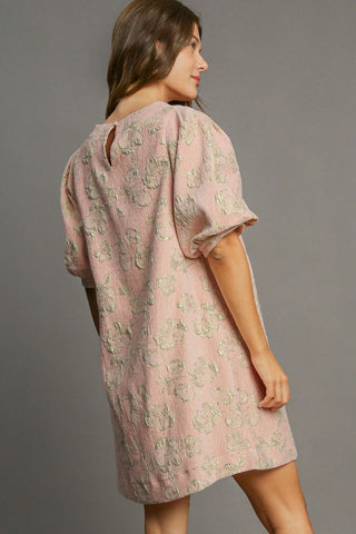 Floral Jacquard Puff Sleeve Mini Resort Dress