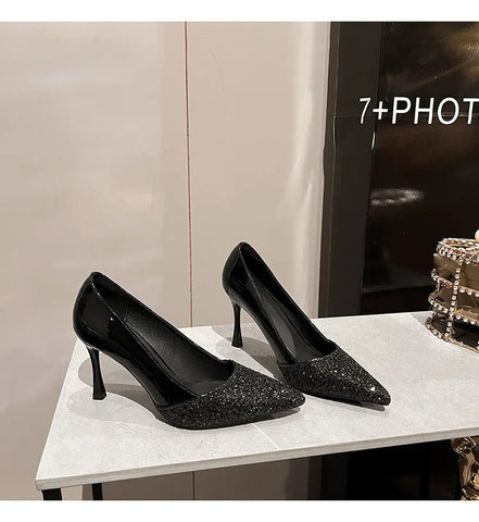 High Heel Women's 2024 New Sequin Nude Color Splicing Sexy Pointed Thin Heels Not Tiring Feet Banquet Wedding Shoes
