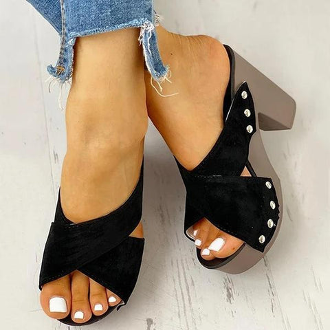 Rivet Criss Cross Chunky Block Heels Platform Slip-on Sandals