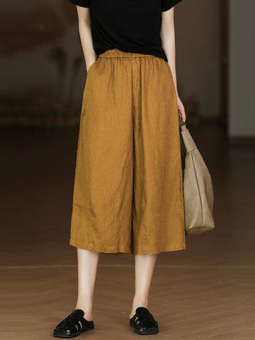Women Summer Solid Casual Pocket Wide-leg Linen Pants