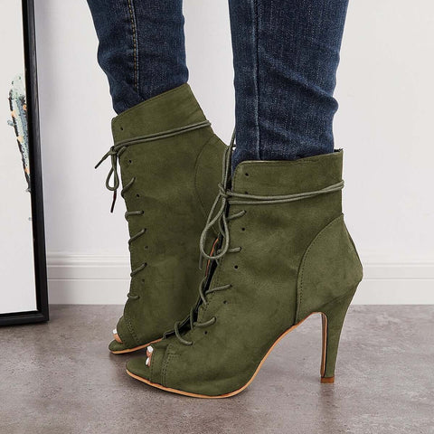 Peep Toe Stiletto High Heel Ankle Boots Lace Up Booties