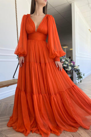 Bodenlanges Chiffon-Ballkleid, langärmliges Abendpartykleid