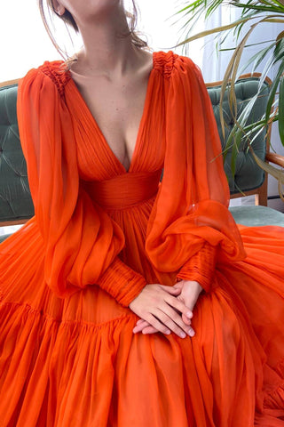 Bodenlanges Chiffon-Ballkleid, langärmliges Abendpartykleid