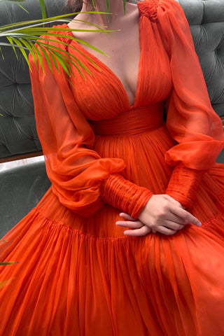 Bodenlanges Chiffon-Ballkleid, langärmliges Abendpartykleid