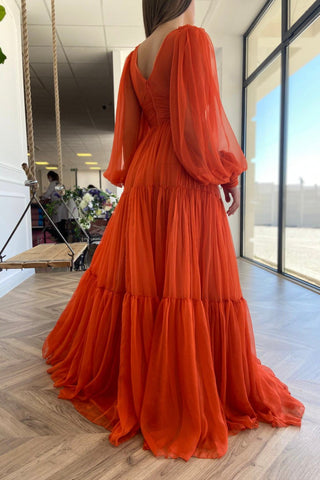 Bodenlanges Chiffon-Ballkleid, langärmliges Abendpartykleid