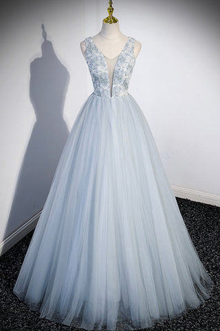 Süßes V-Ausschnitt Tüll Langes Ballkleid, Graues Abendkleid Partykleid