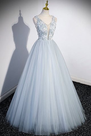 Süßes V-Ausschnitt Tüll Langes Ballkleid, Graues Abendkleid Partykleid