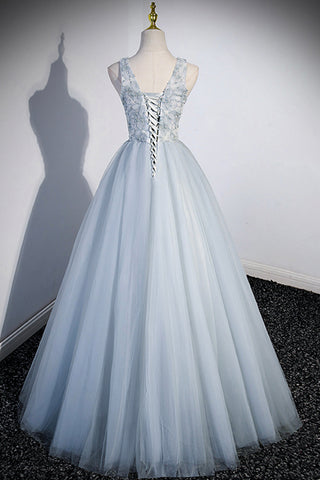 Süßes V-Ausschnitt Tüll Langes Ballkleid, Graues Abendkleid Partykleid