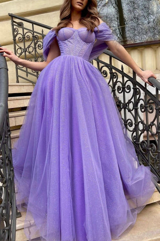 Tulle Long A-Line Prom Dress Off the Shoulder Evening Party Dress