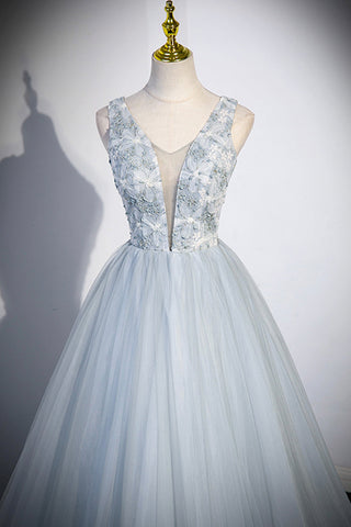 Süßes V-Ausschnitt Tüll Langes Ballkleid, Graues Abendkleid Partykleid