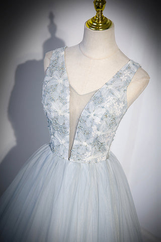 Süßes V-Ausschnitt Tüll Langes Ballkleid, Graues Abendkleid Partykleid