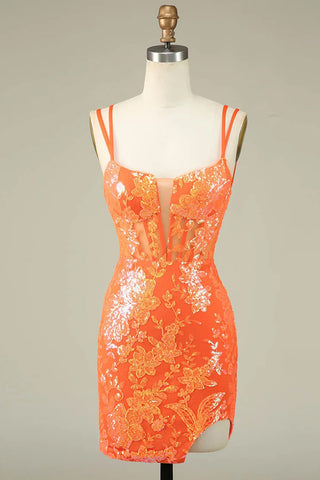 Sparkly Fuchsia Spaghetti Straps Bodycon Sequins Corset Short Homecoming Dress 