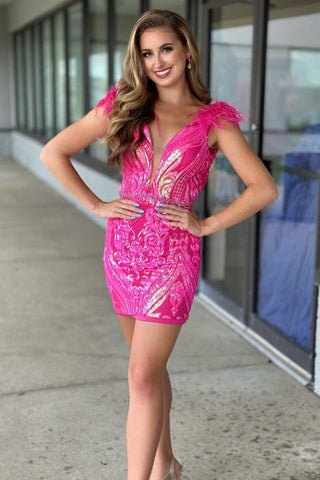 Sparkly Fuchsia Deep V-neck Sequins Bodycon Short Homecoming Dress with Feather