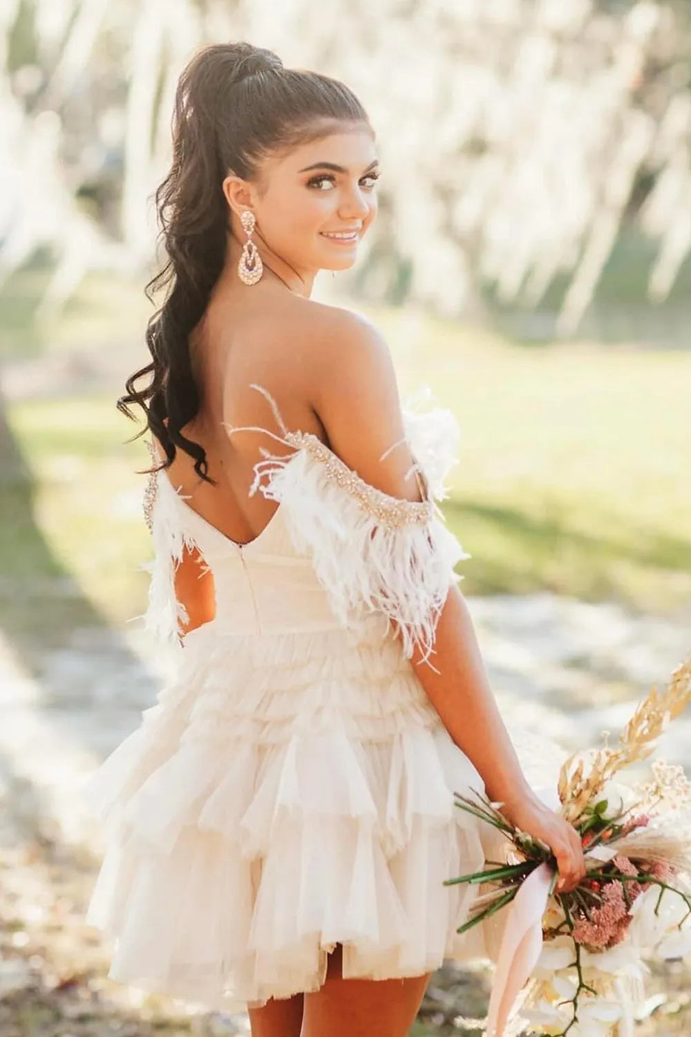 Blue Cold Shoulder A-Line Tulle Tiered Short Homecoming Dress with Feather