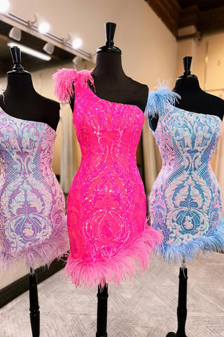 Sparkly Hot Pink One Shoulder Bodycon Homecoming Dress with Feather