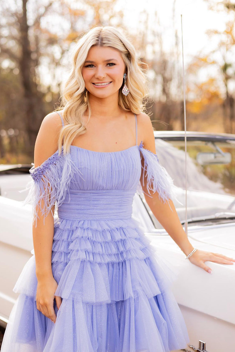 Blue Cold Shoulder A-Line Tulle Tiered Short Homecoming Dress with Feather