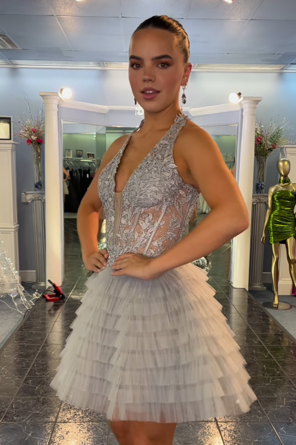 Grey Halter Neck A-Line Tulle Tiered Homecoming Dress with Appliques