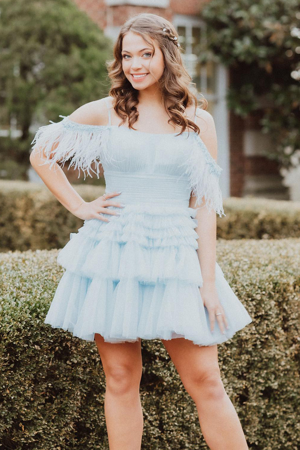 Blue Cold Shoulder A-Line Tulle Tiered Short Homecoming Dress with Feather