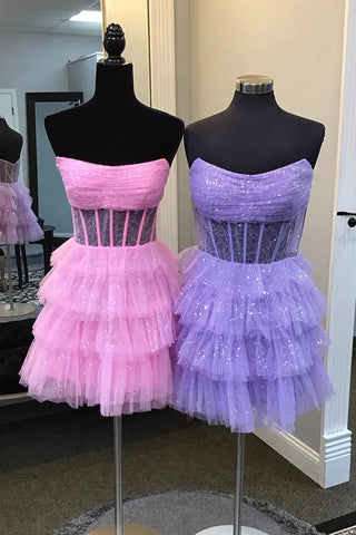 Pink Strapless Tulle A Line Tiered Corset Homecoming Dress with Sequins