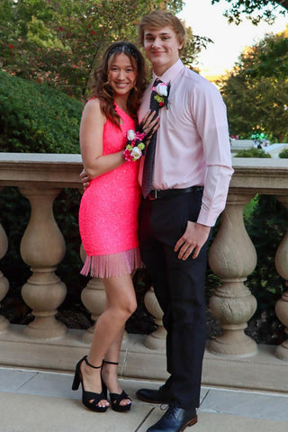 Fuchsia One Shoulder Sequins Bodycon Short Homecoming Dress with Fringes