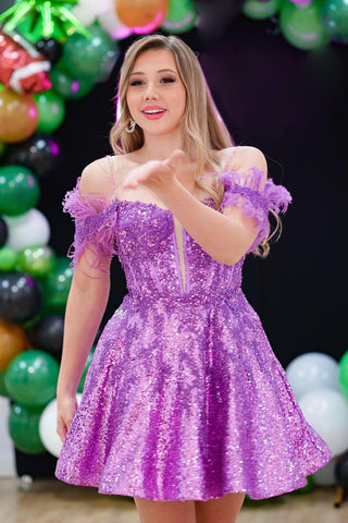 Sparkly Purple Off the Shoulder Sequins A-Line Corset Homecoming Dress with Feather
