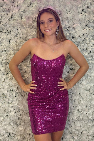 Sparkly Fuchsia Strapless Sequins Bodycon Homecoming Dress 