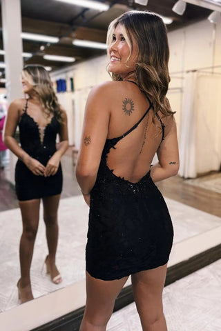 Trendy Black Spaghetti Straps Bodycon Homecoming Dress with Appliques
