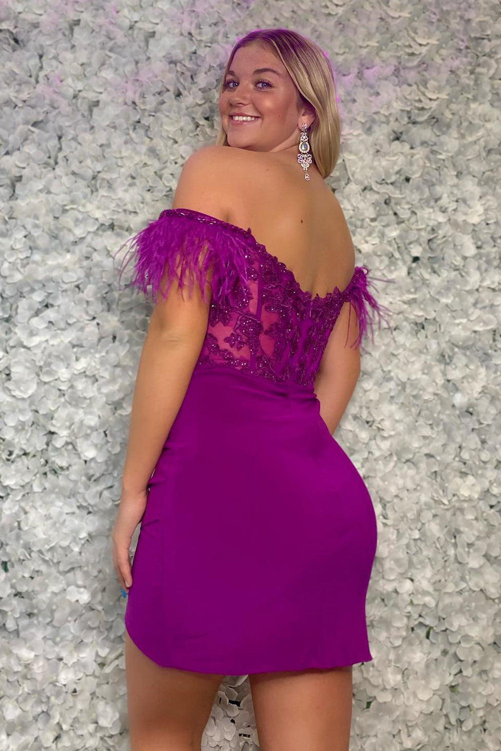 Purple Off the Shoulder Bodycon Homecoming Dress with Feather