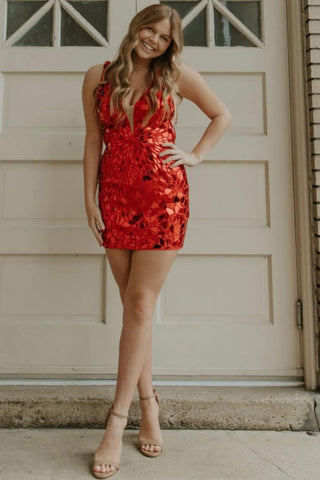 Sparkly Silver Deep V-neck Bodycon Short Homecoming Dress