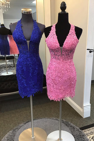 Pink Halter Neck Lace Bodycon Short Homecoming Dress