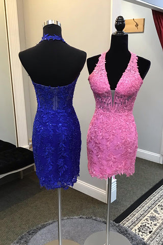 Pink Halter Neck Lace Bodycon Short Homecoming Dress