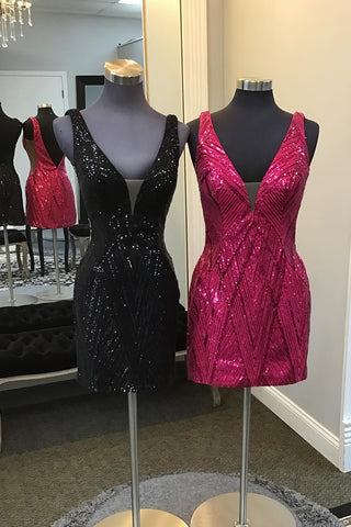 Black V-neck Sequins Bodycon Short Homecoming Dress with Open Back