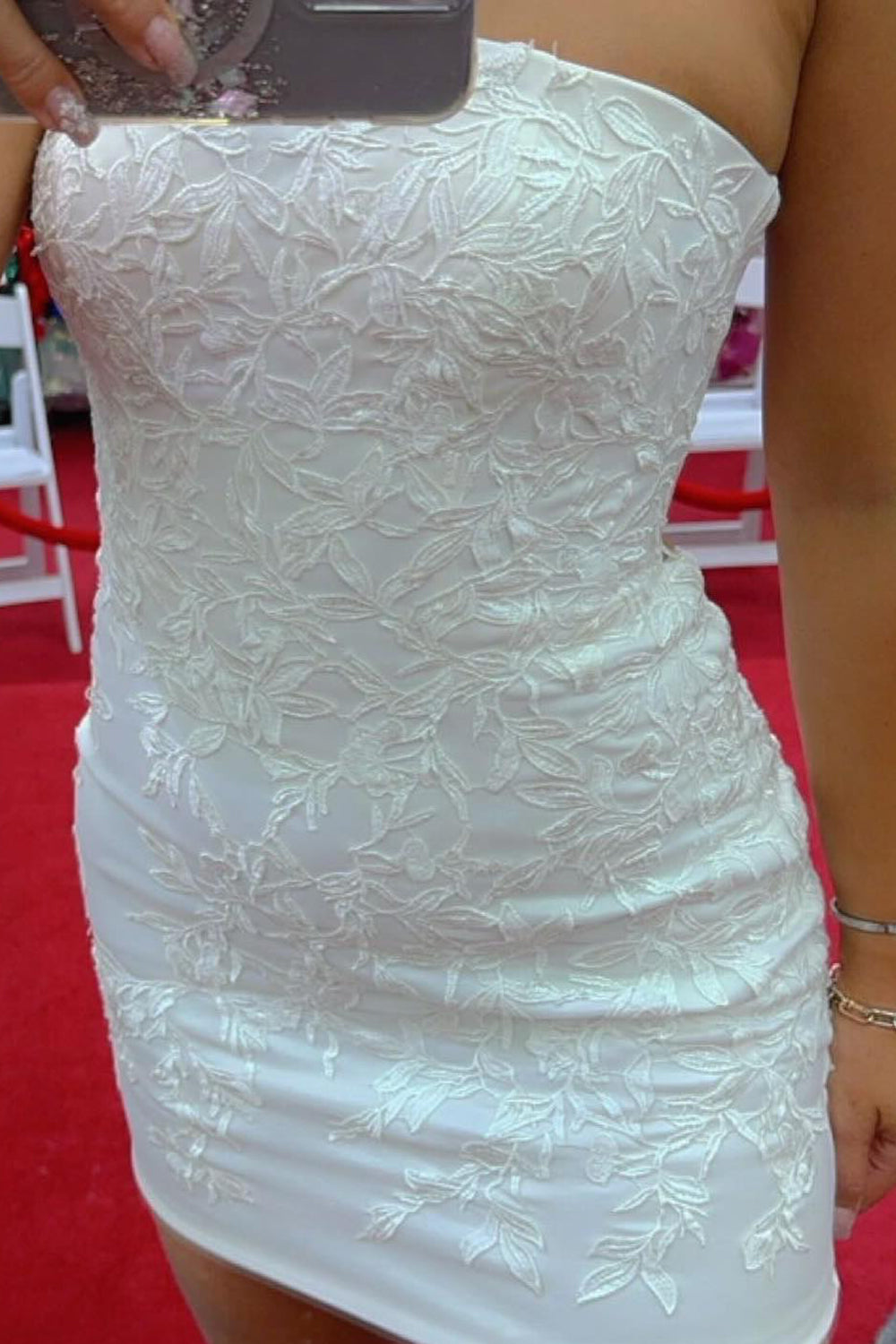 White Strapless Bodycon Homecoming Dress with Appliques