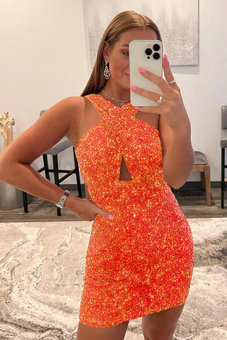 Sheath Halter Red Sequins Homecoming Dress with Backless