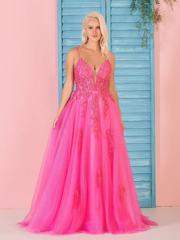 Langes Ballkleid aus rosa Spitze in A-Linie mit V-Ausschnitt