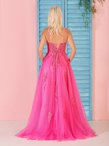 Langes Ballkleid aus rosa Spitze in A-Linie mit V-Ausschnitt