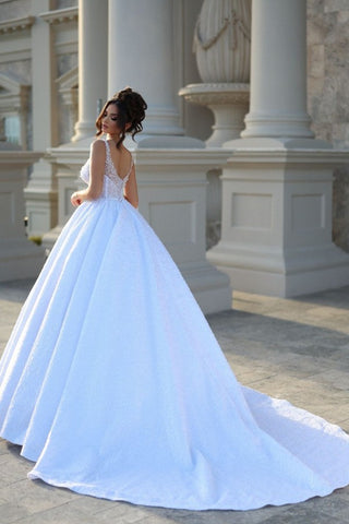 White Starps Ball Gown Wedding Dress Sleeveless With Beadings