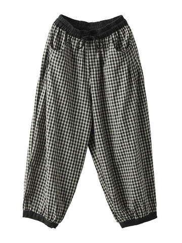 Women Summer Vintage Plaid Pocket Spliced Linen Harem Pants