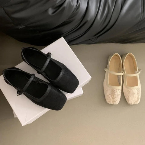 Mary Jane Flats Schuhe Damen Sommerschuhe mit quadratischer Zehenpartie und flachem Netzstoff, Schnallenriemen, Ballettschuhe, bequeme Mokassins