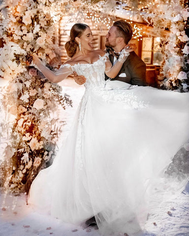 Bmbridal Long Sleeves Wedding Dress Off-the-Shoulder With Lace Appliques