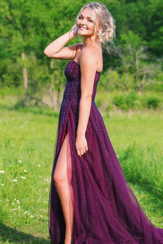 Sweetheart A-line Plum Tulle Prom Dress with Slit