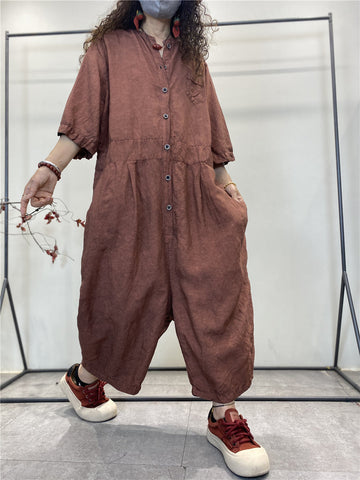 Women Summer Retro Solid Button Pocket Loose Jumpsuits